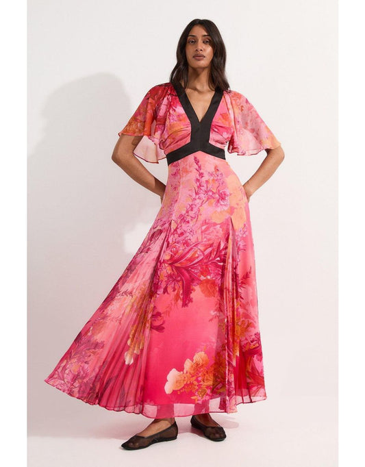 Vestido Midi Tejido con Paneles Godet Florales Plisados