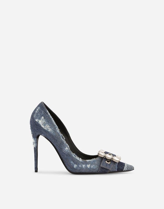 Décolleté in denim patchwork con fibbia di strass