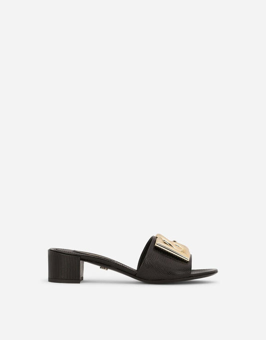Mules in pelle di vitello con stampa iguana e logo DG