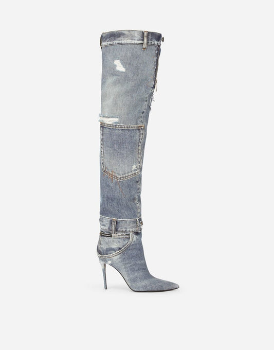 Stivali sopra il ginocchio in denim patchwork