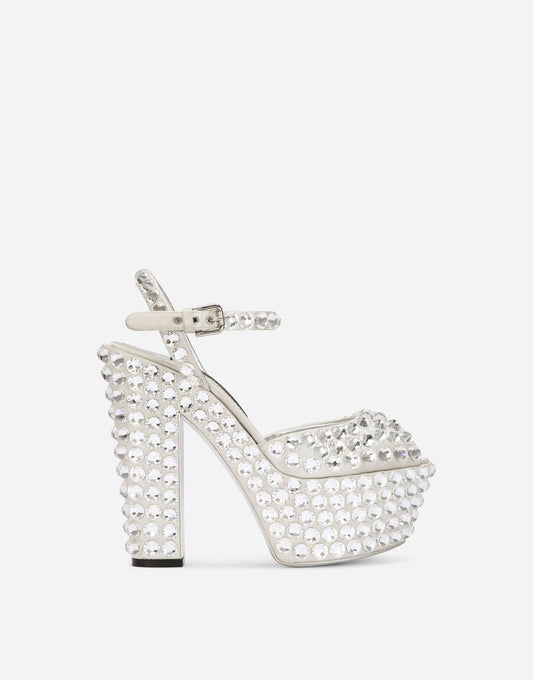 Scarpe con plateau in raso e strass fusi a caldo