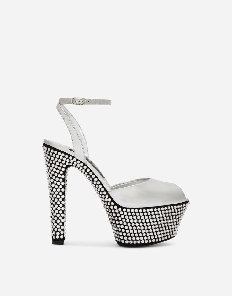 Scarpe con plateau in pelle di vitello effetto specchiato con strass fusi