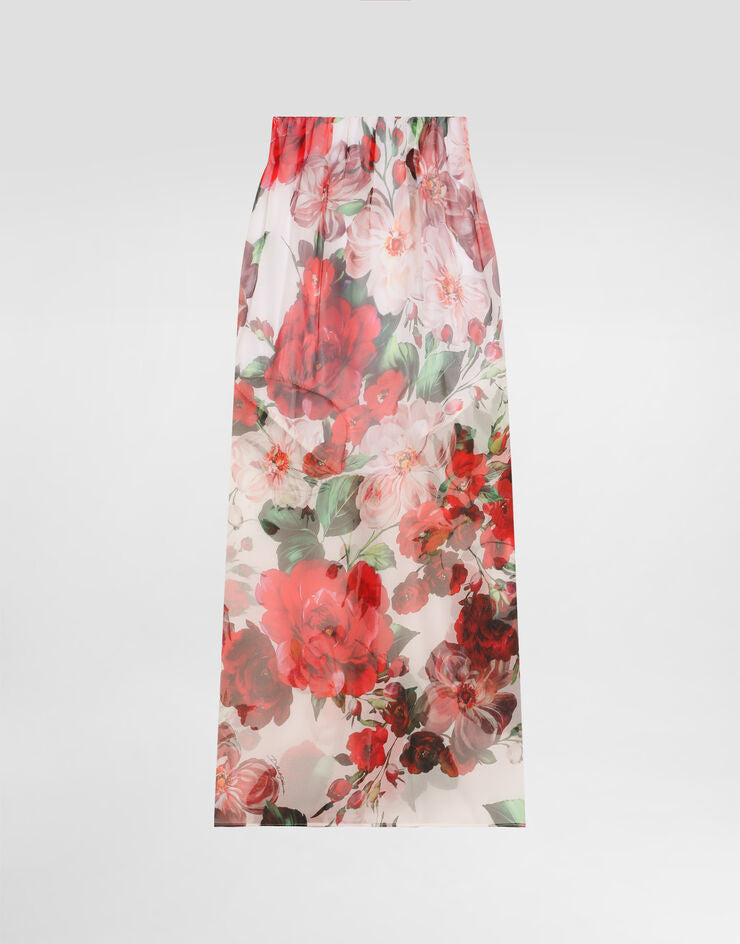 Gonna al polpaccio in chiffon con stampa a rose