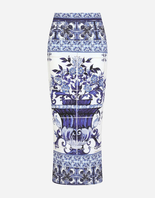 Majolica Print Charmeuse Calf-Length Skirt with Slit