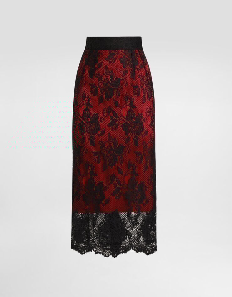 Gonna a tubino in pizzo lunga fino al polpaccio con fodera a contrasto