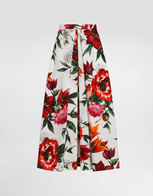 Saia de popeline plissada com estampa floral