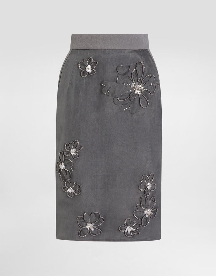 Gonna midi in organza con ricamo floreale