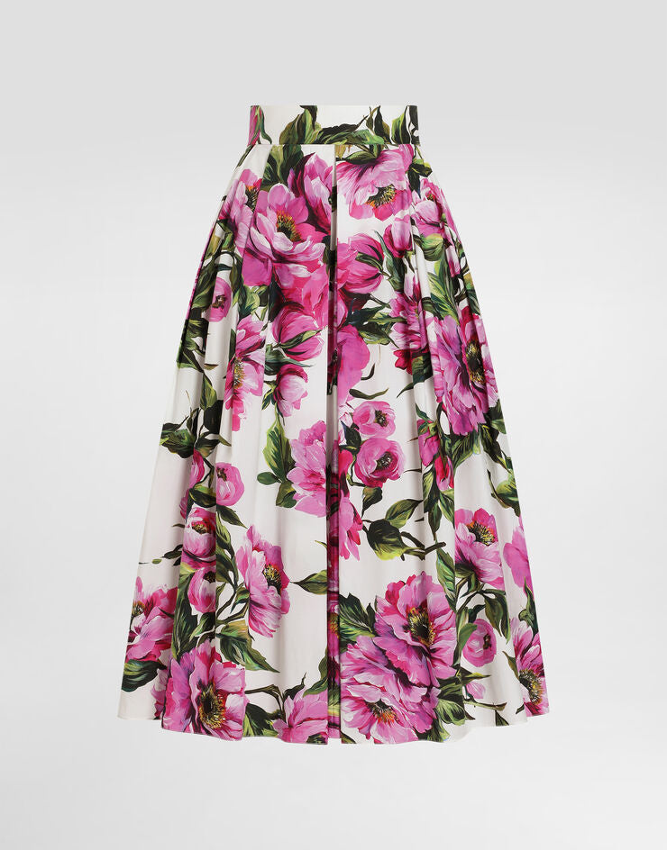 Gonna a cerchio in cotone con stampa di peonie