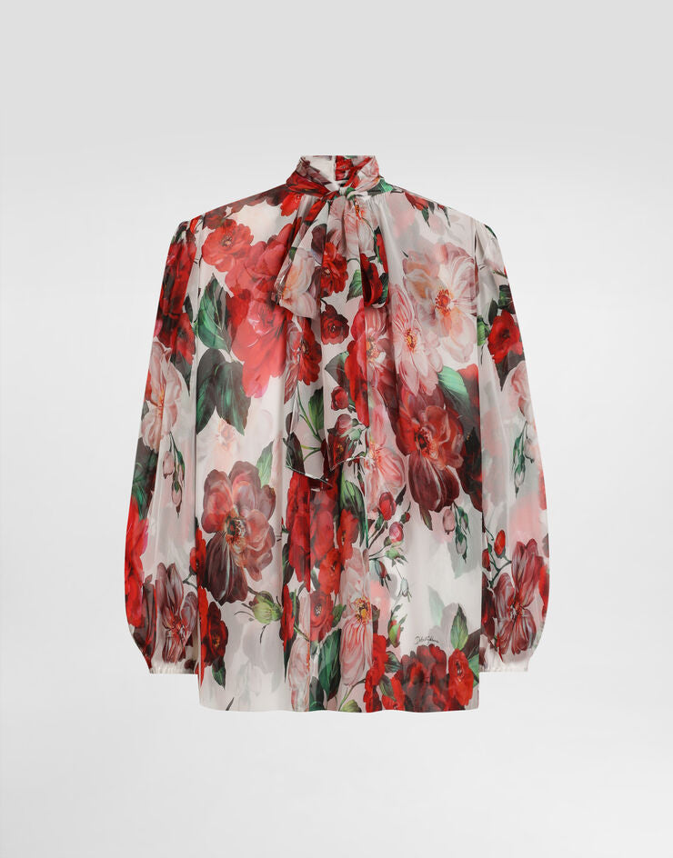 Blusa de gasa con estampado de rosas y lazo en forma de coño