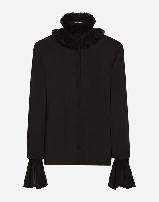 Blusa de Georgette con Puños Plisados y Detalles en el Cuello