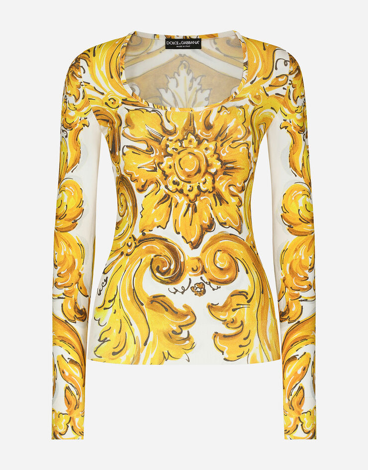 Jersey de manga larga de viscosa elástica con estampado de mayólica