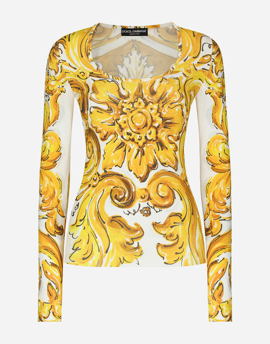 Jersey de manga larga de viscosa elástica con estampado de mayólica