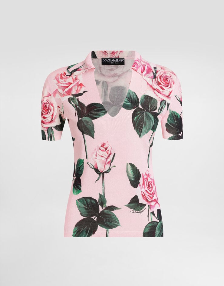 Jersey de seda con cuello y estampado de rosas