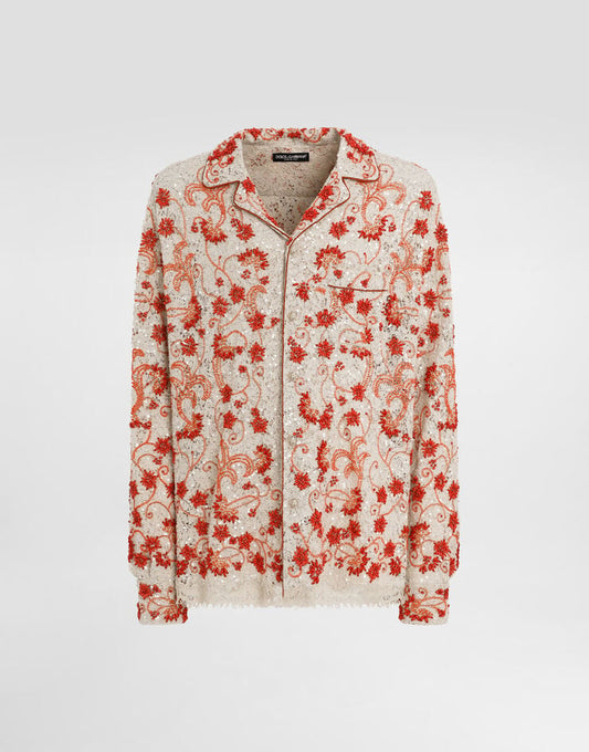 Camisa de encaje de manga larga con bordado de coral