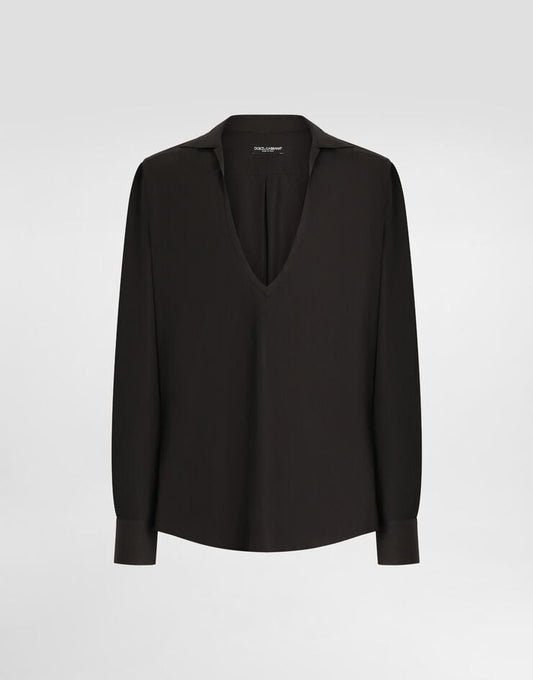 Camisa de popelina de algodón de manga larga y cuello en V