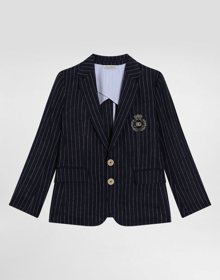 Chaqueta de lino a rayas con parche y botonadura sencilla