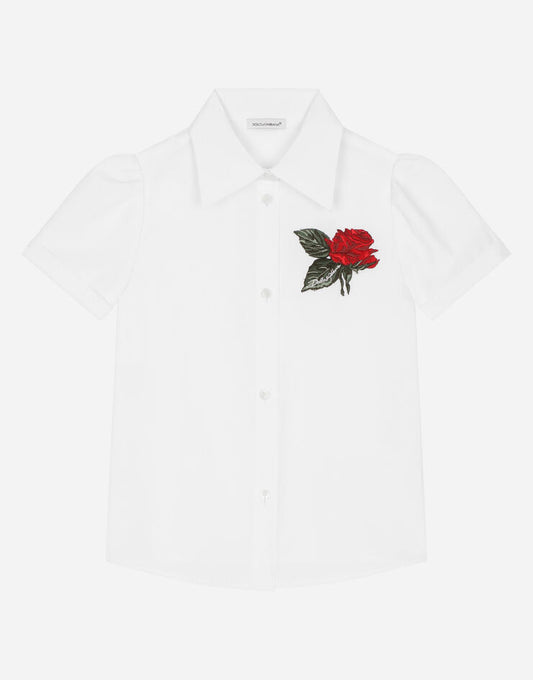 Camicia in popeline a maniche corte con patch di rose