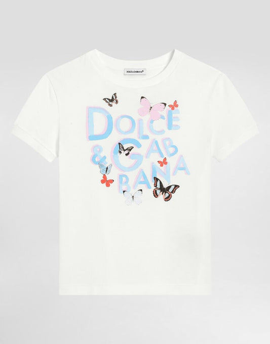 Maglietta in jersey con stampa a farfalla e logo Dolce & Gabbana