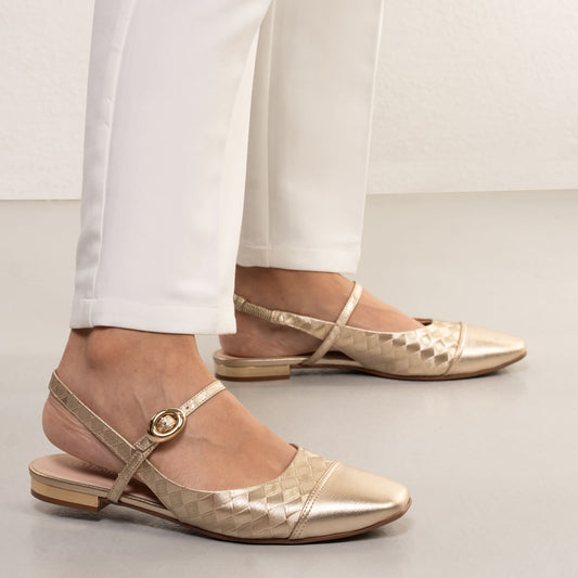 Sapatilhas de balé femininas de ponta redonda com fivela em dourado da Bebece