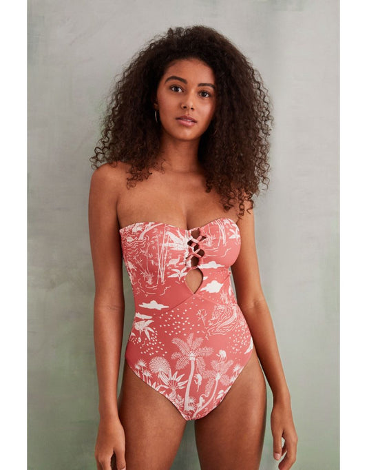 Maiô Bandeau Red Tropical Print