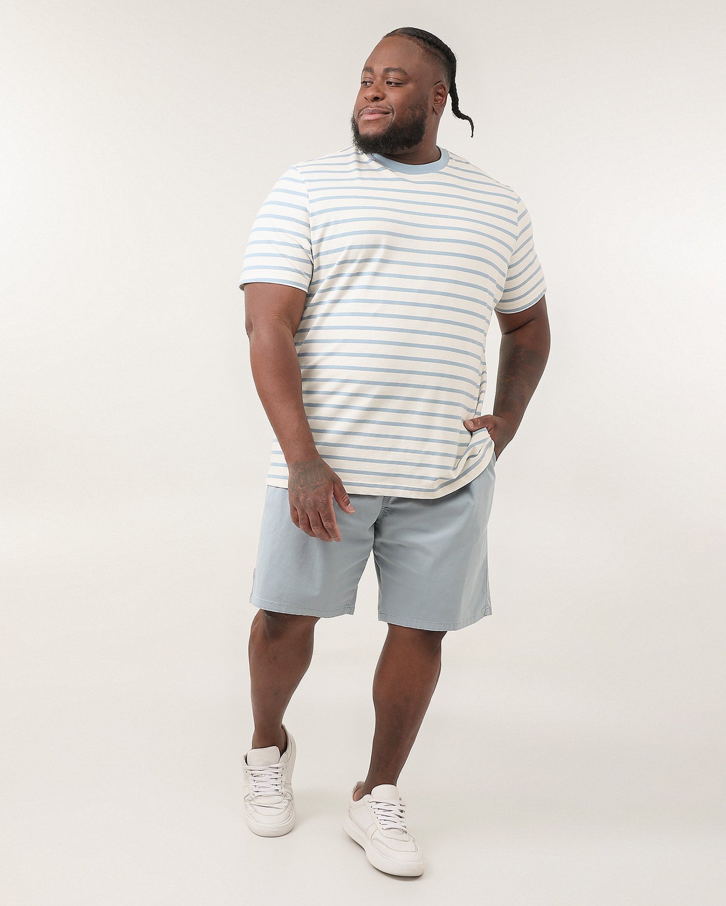 Shorts masculinos de sarja de ajuste reto com elástico na cintura, tamanho grande, em azul | Pool Jeans