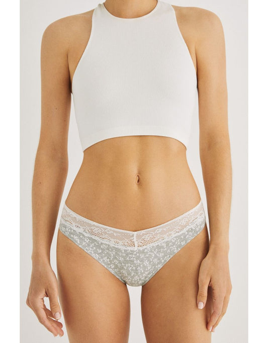 Gray Printed Cotton and Lace Panties