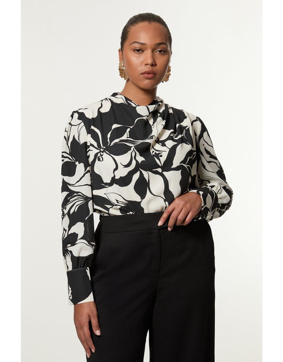 Plus Size High Neck Printed Woven Blouse