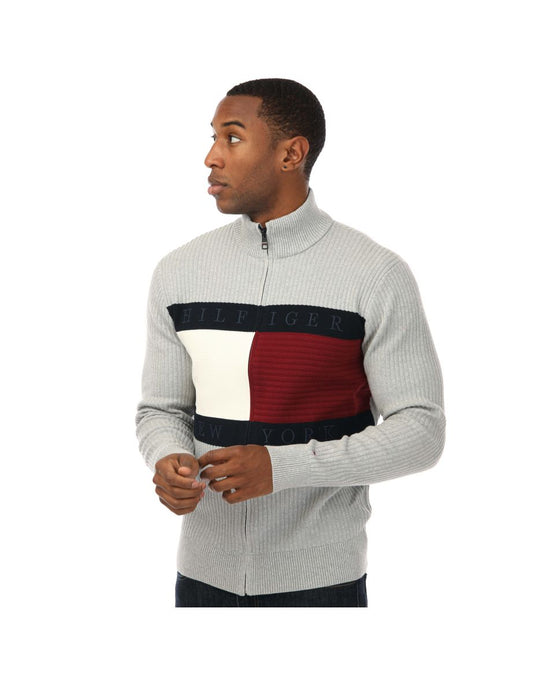 Chaqueta Tommy Hilfiger Gris de punto elástico con cremallera y banderas para hombre