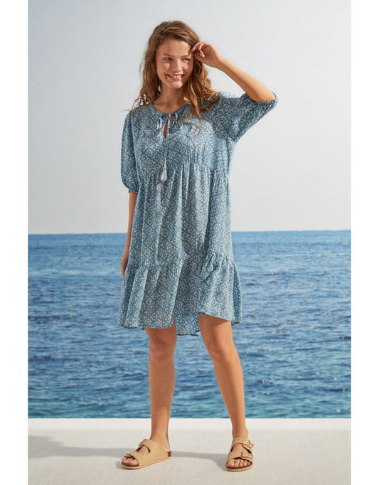Vestido com babados estampado azul
