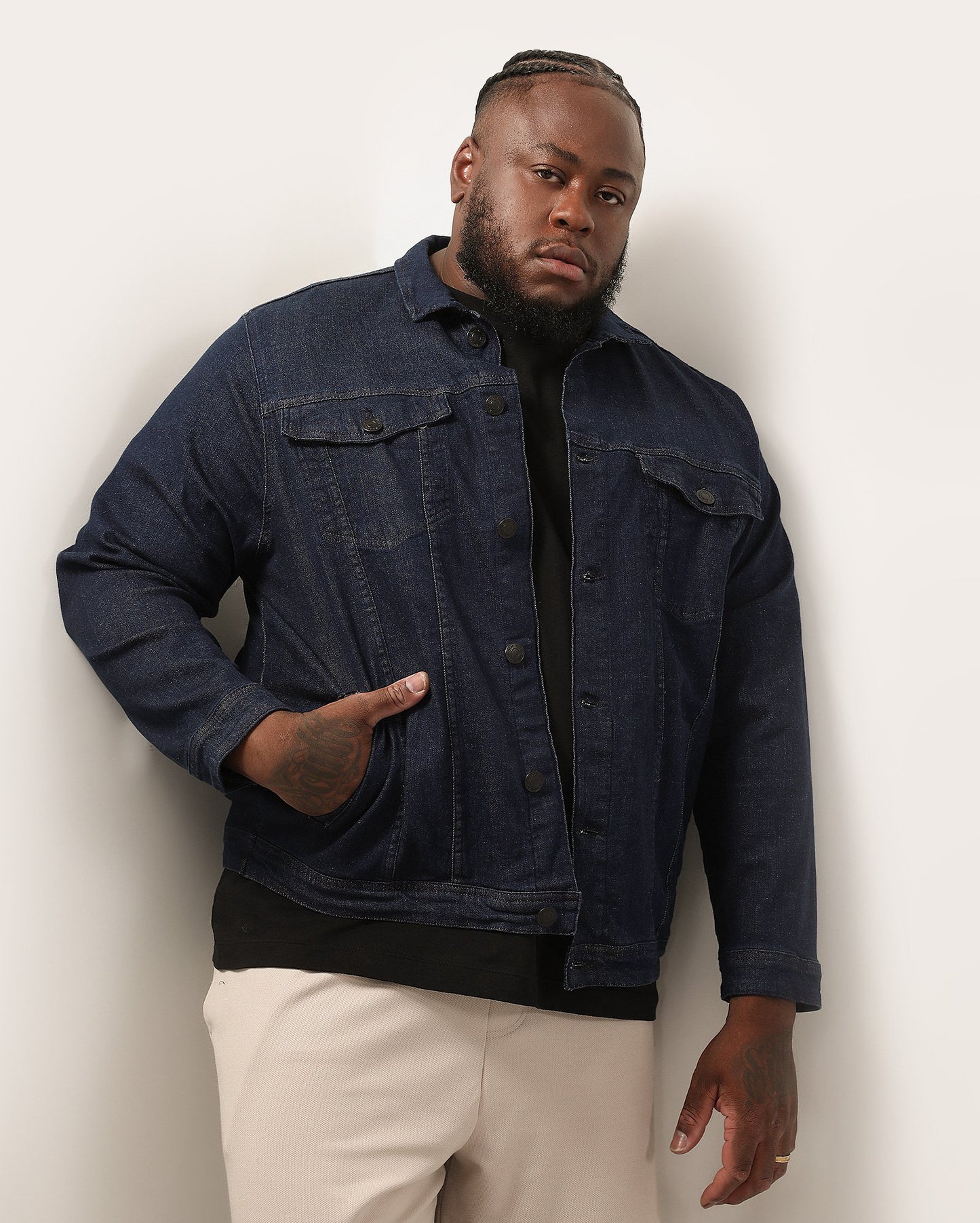 Jaqueta masculina Plus Size Dark Denim Trucker Jacket com costura | Pool Jeans