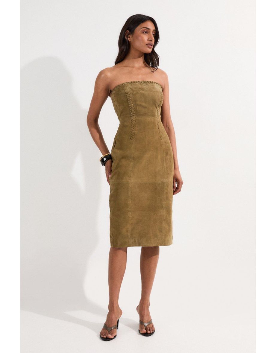 Vestido midi Bandeau de camurça com detalhes em ponto de chicote