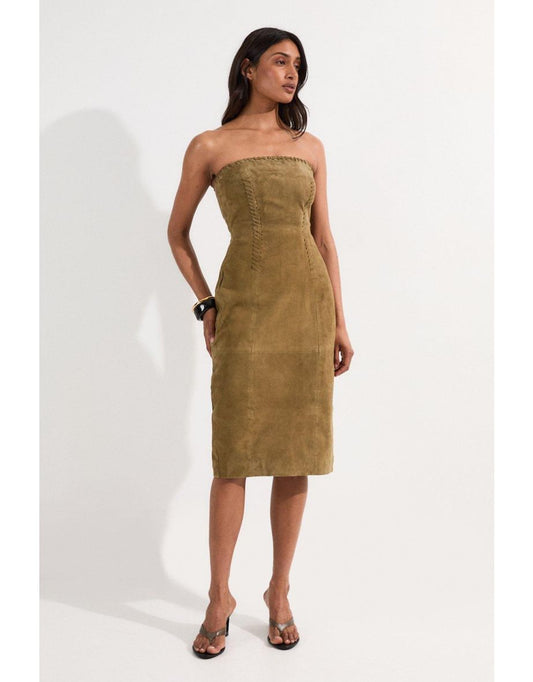 Vestido Midi Bandeau de Ante con Detalle de Punto elástico