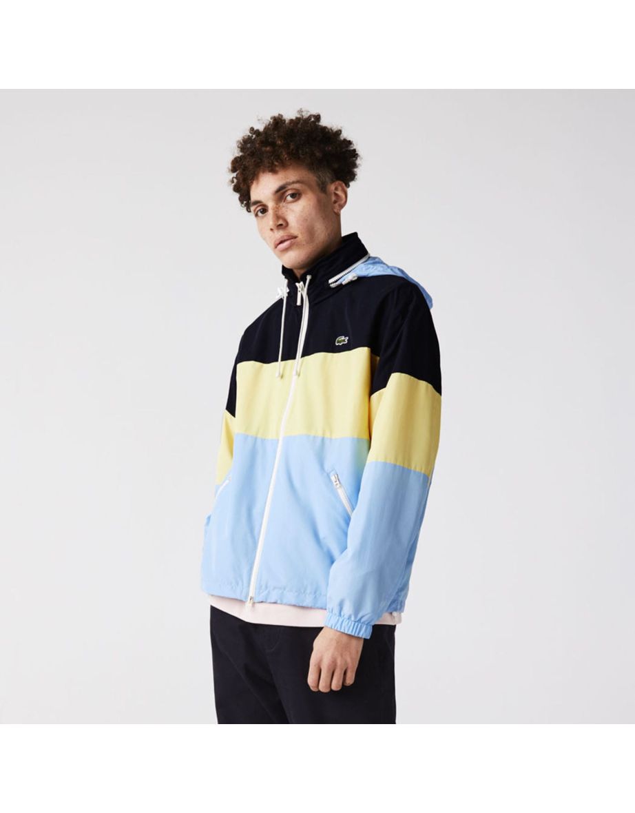 Jaqueta Lacoste masculina de bloco colorido resistente à água com capuz oculto