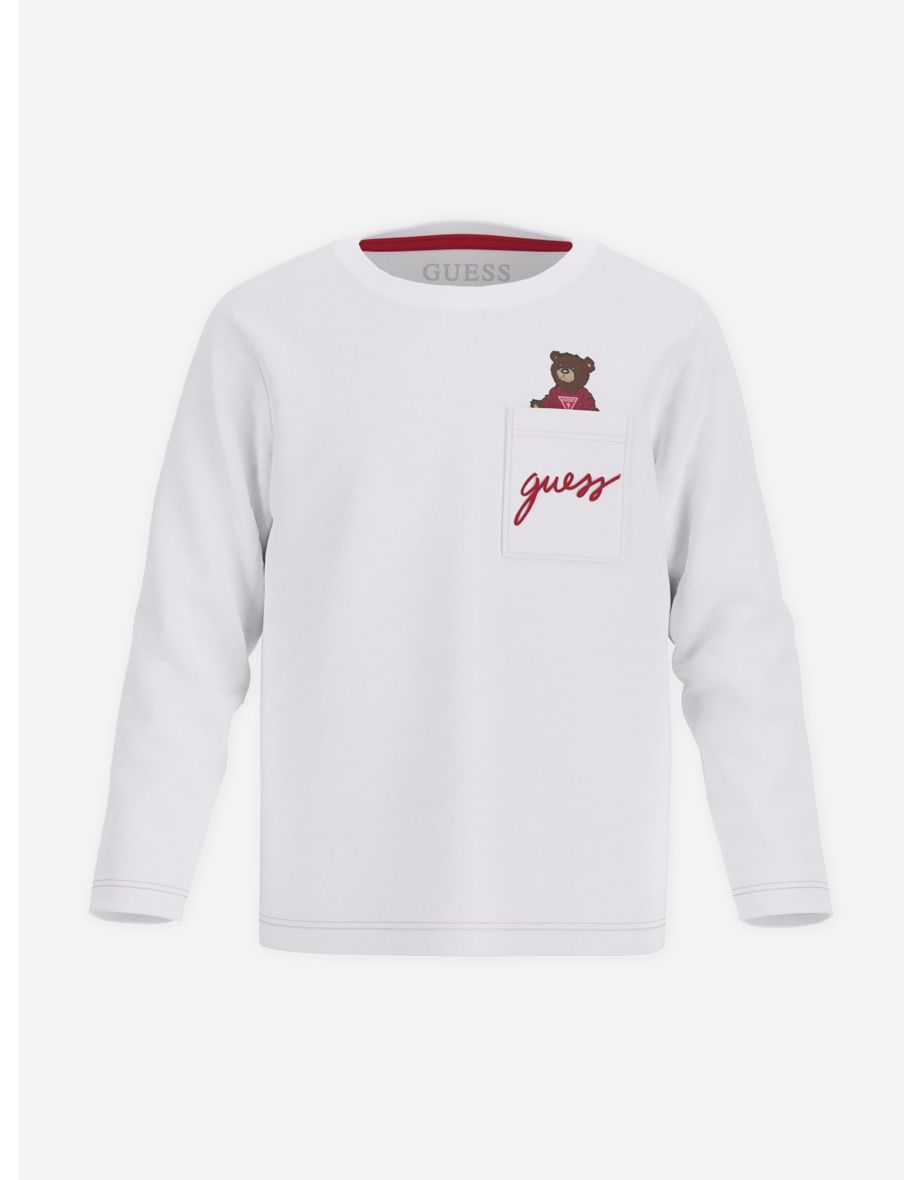 Guess Boys' Long Sleeve T-Shirt with Bear Pocket in White