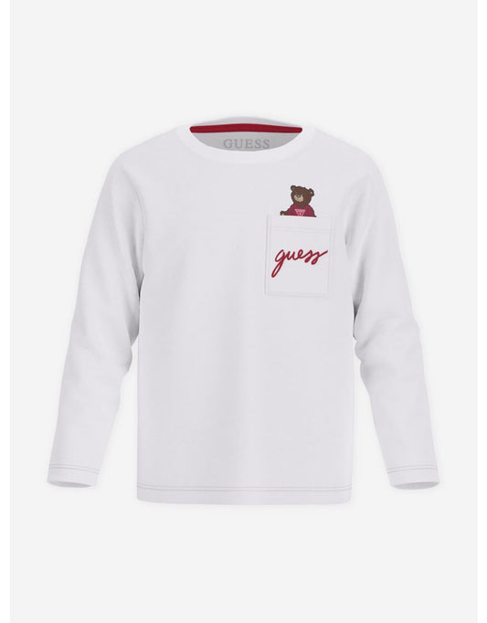 Maglietta a maniche lunghe Guess Boys con tasca a forma di orsetto in bianco