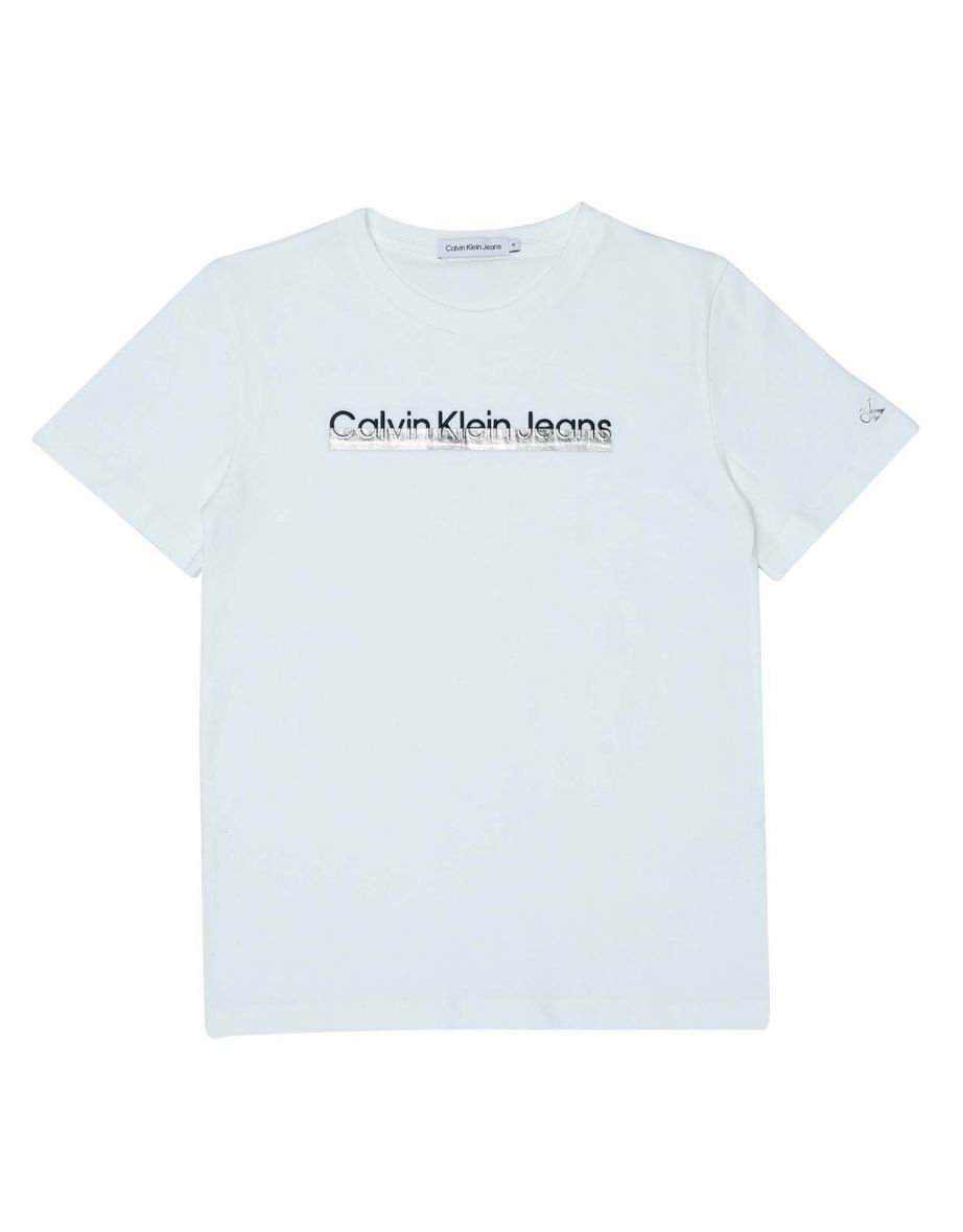 Maglietta Calvin Klein Junior da ragazzo in cotone organico con logo metallizzato in bianco