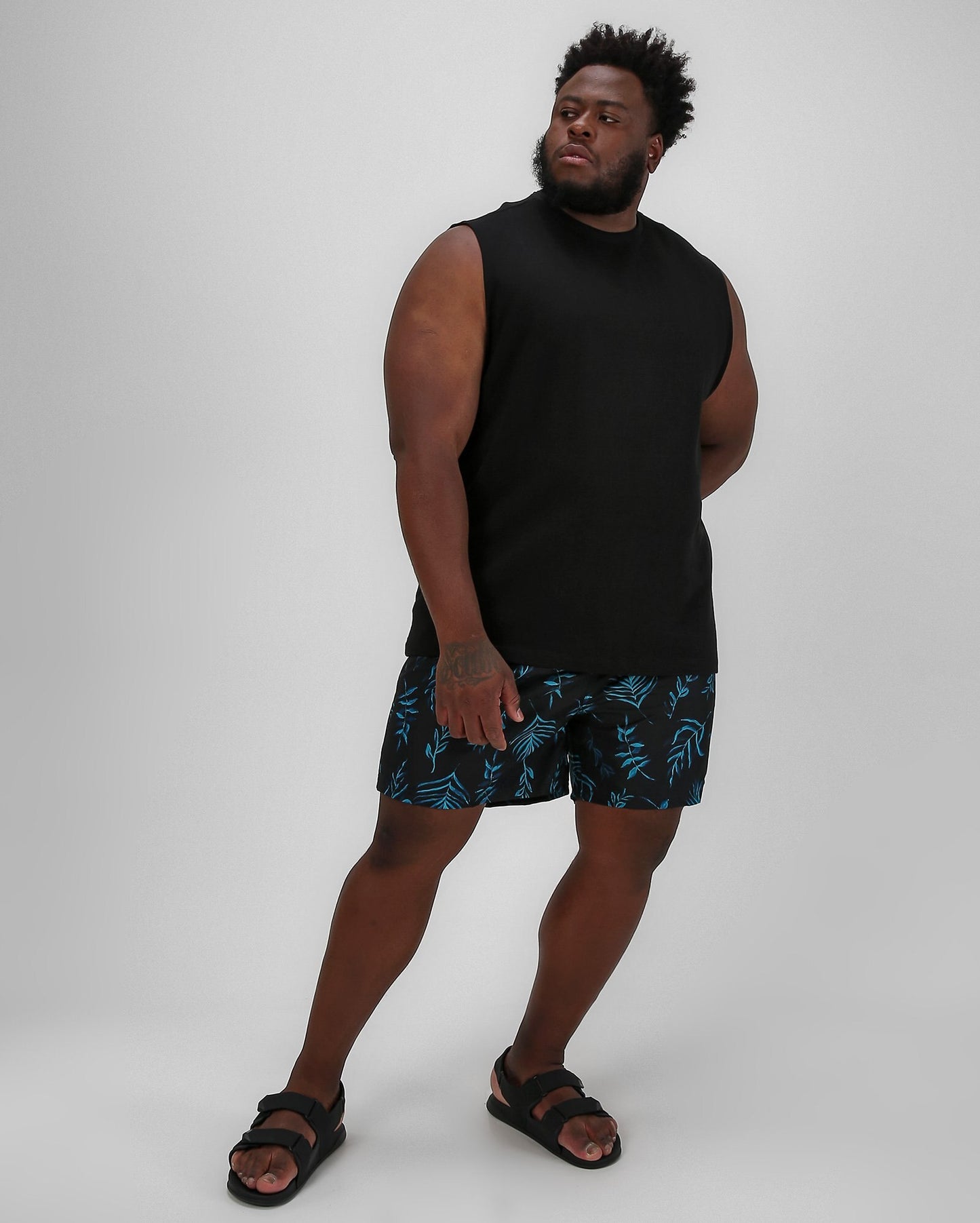Men's Plus Size Black Leaf Print Swim Shorts | Allman By Riachuelo