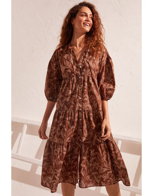 Túnica longa marrom estampada 100% algodão