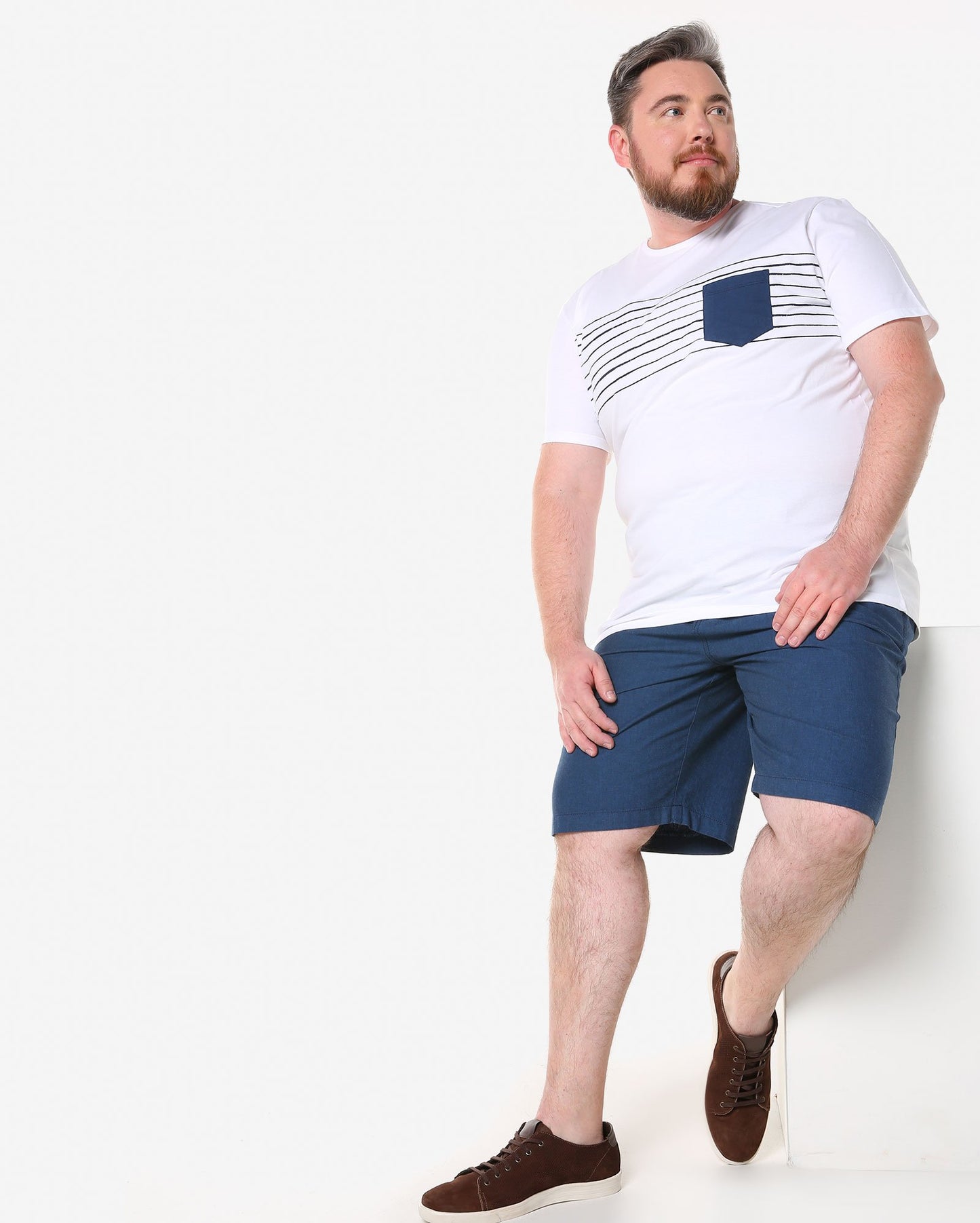 Plus Size Striped T-Shirt with Pocket - White