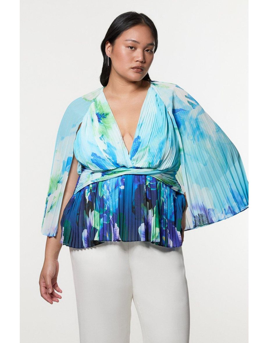 Camicetta Ombre Floral Soft Pleated Woven con mantellina, taglia plus