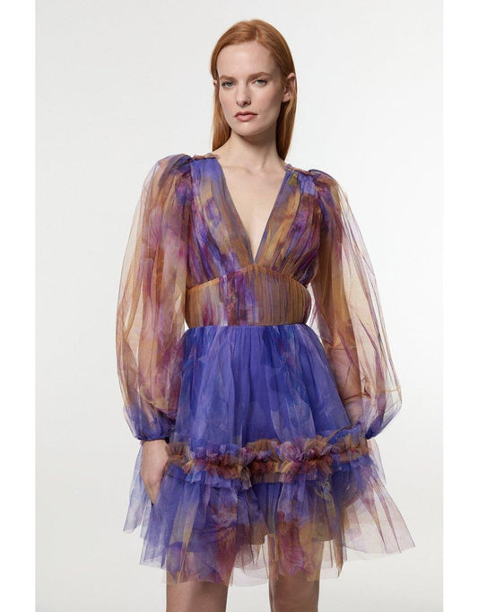 Mini Vestido Tejido de Manga Larga con Cuello Plunge de Tul Floral