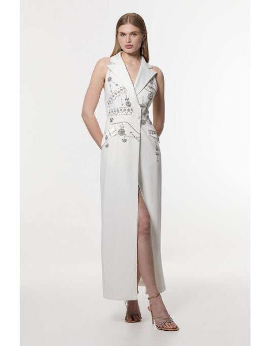 Vestido blazer sem mangas com cady embelezado com cristais