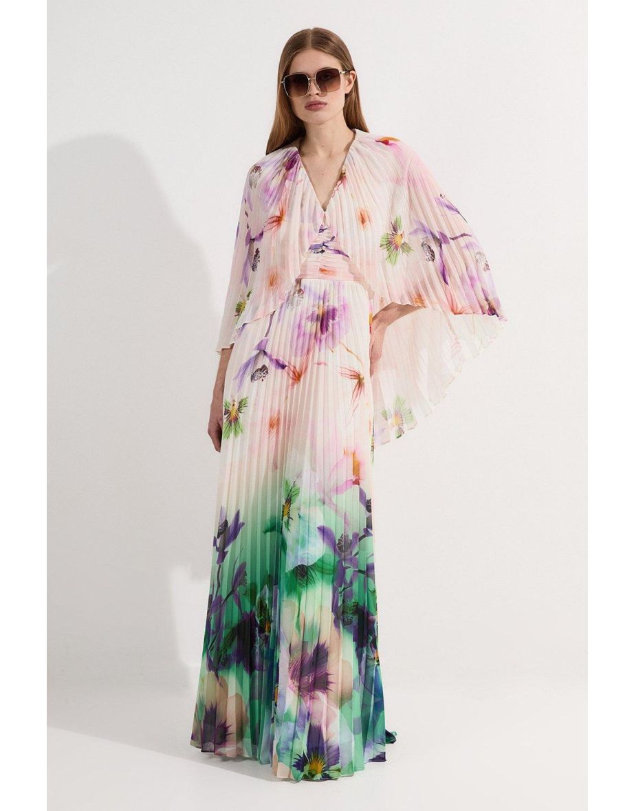 Vestido maxi de tecido com decote em V profundo com mangas de capa floral plissada