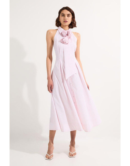 Vestido maxi sem mangas de tecido de algodão listrado com roseta