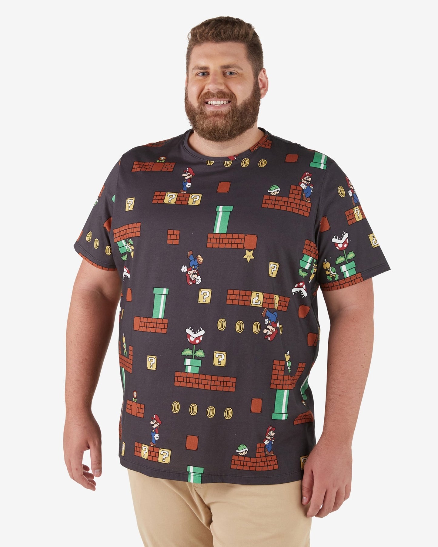 Men's Plus Size Short Sleeve Super Mario T-Shirt - Black