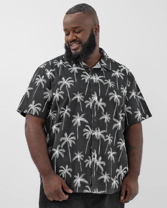 Camisa masculina plus size preta de algodão Palm Tree | Original Plus da Riachuelo