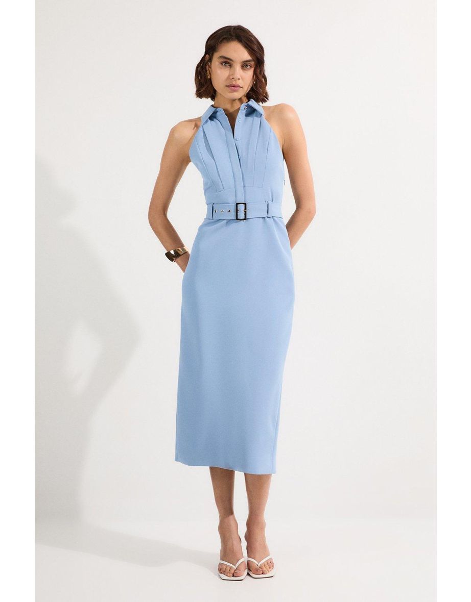 Vestido midi de sarja com gola contrastante e decote halter