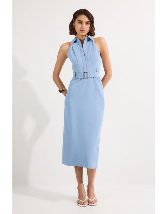 Vestido Midi Cuello Halter de Sarga con Cuello de Contraste