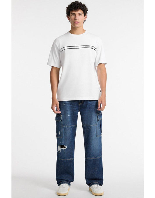 Camiseta Guess com logotipo de listra em branco e vermelho