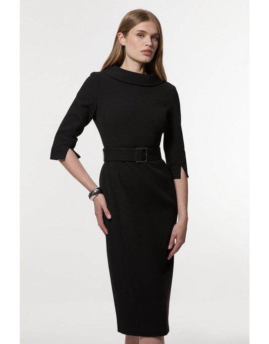 Tailored Structured Crepe Turtleneck Pencil Midi Dress